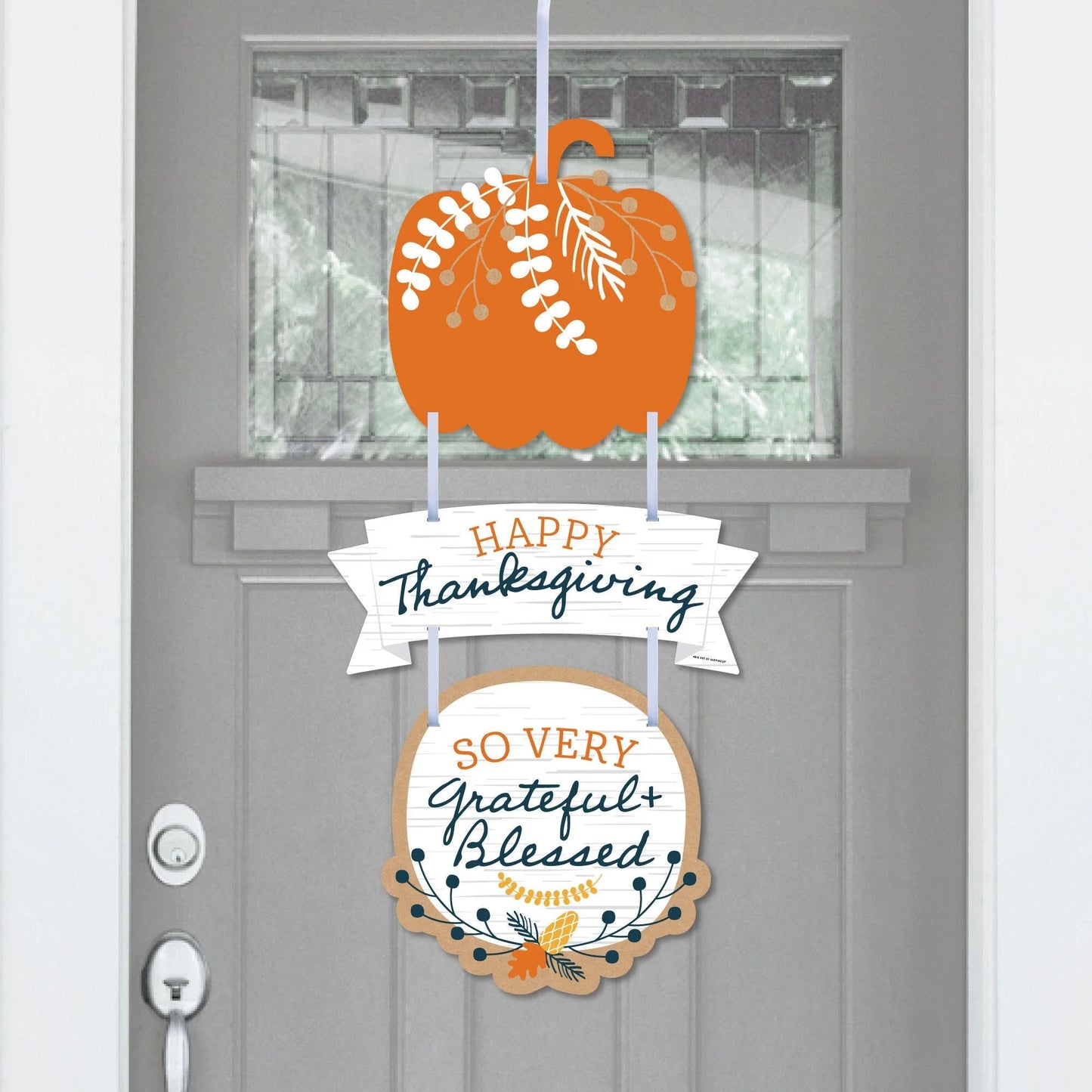 Happy Thanksgiving - Hanging Porch Fall Harvest Party Outdoor Decorations - Front Door Decor - 3 Piece Sign