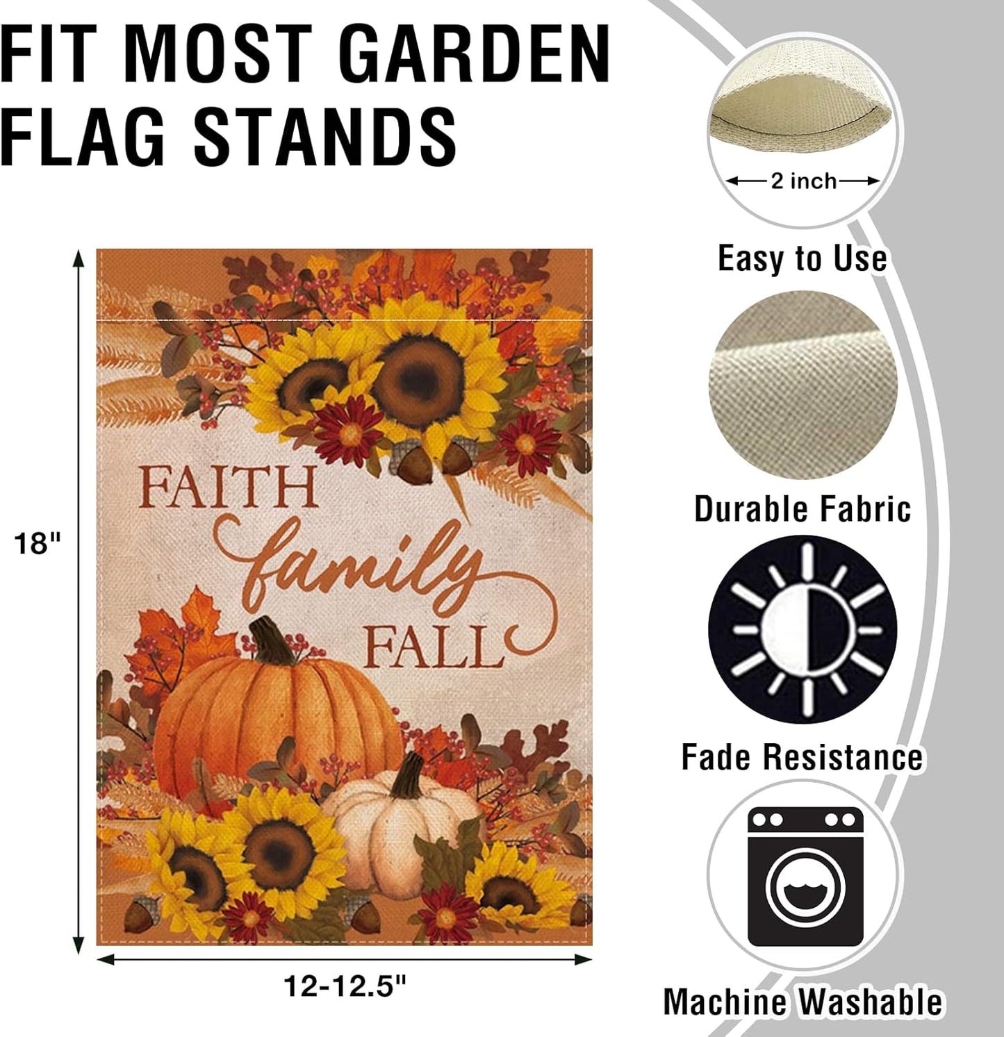 Faith Family Fall Decorative Small Garden Flag Autumn House Yard outside Pumpkin Sunflower Maple Leaves Farmhouse Burlap Decor, Thanksgiving Religious Home Outdoor Decoration Double Sided 12X18