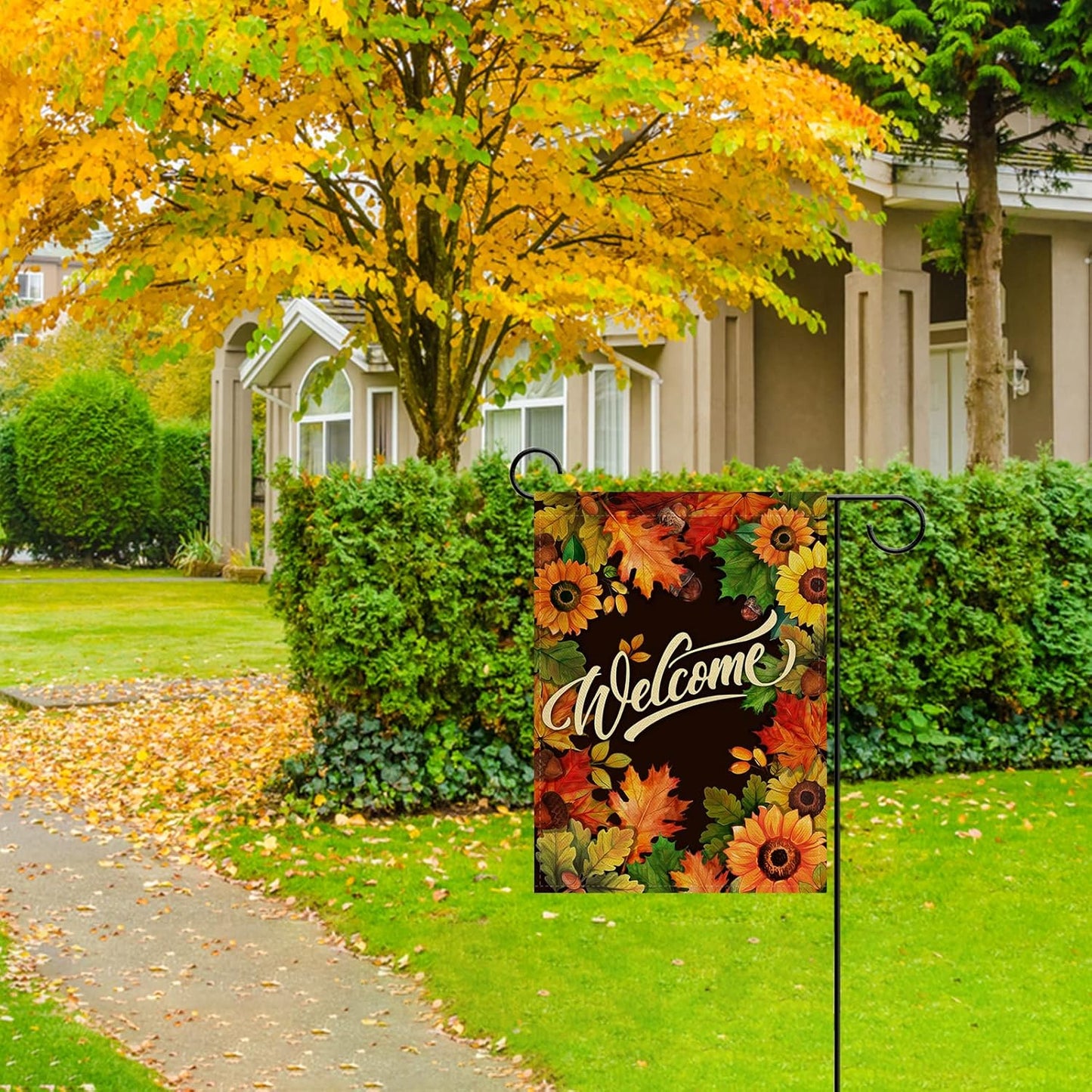 Welcome Fall Sunflower Maple Leaves Garden Flag, Autumn Home Decorative House Yard outside Small Flag Double Sided Acorns Seasonal Decor, Thanksgiving Farmhouse Outdoor Burlap Decorations 12X18