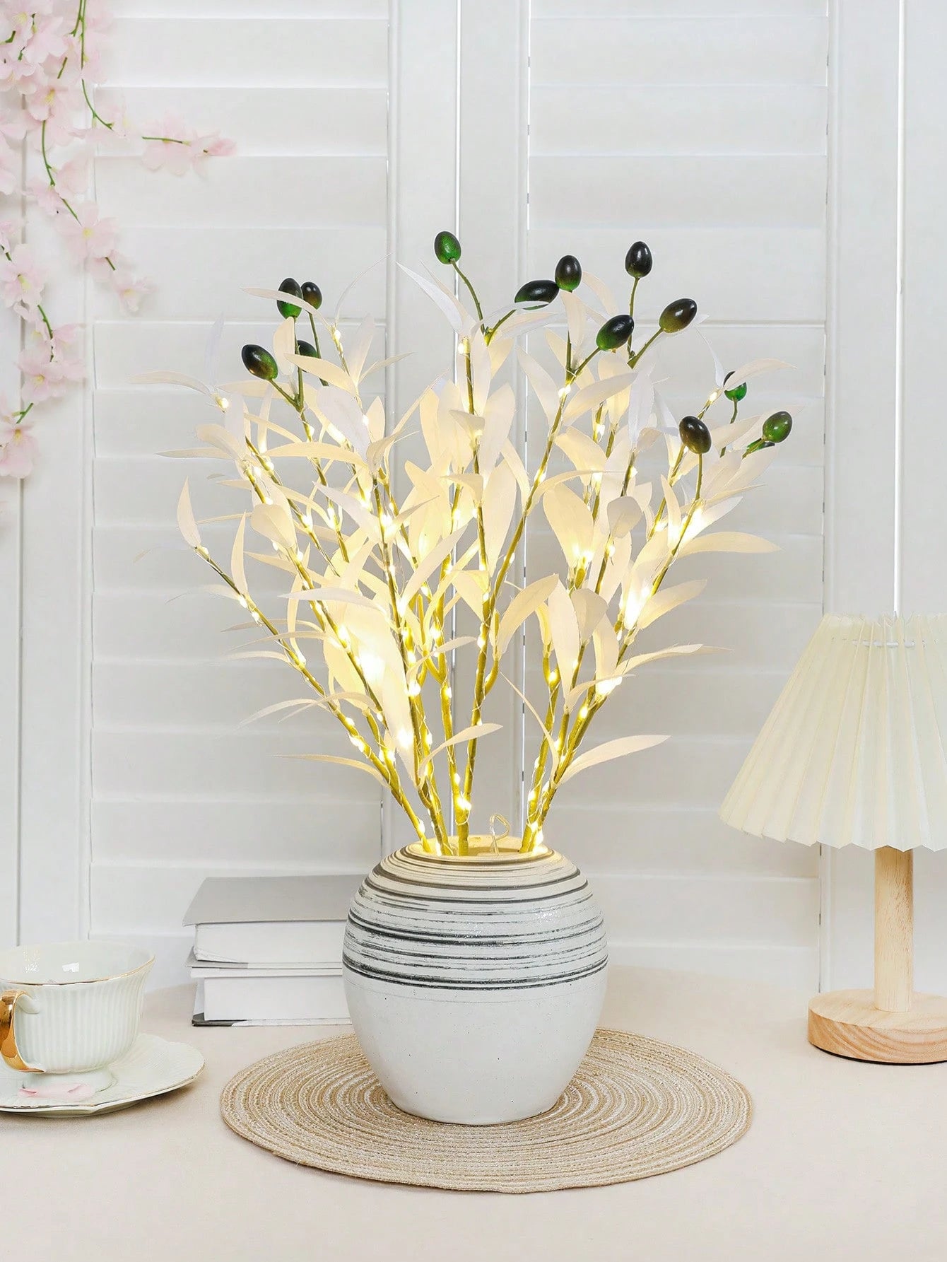 1Pc Simulation LED Lamp Olive Branch Home Interior Living Room Bedroom Porch Party Desktop Glow Warm Decoration Aesthetics, Valentine Day, Gift Gifts Birthday Graduation Home Decor Back to School Room Decor School Supplies,Fake Plants