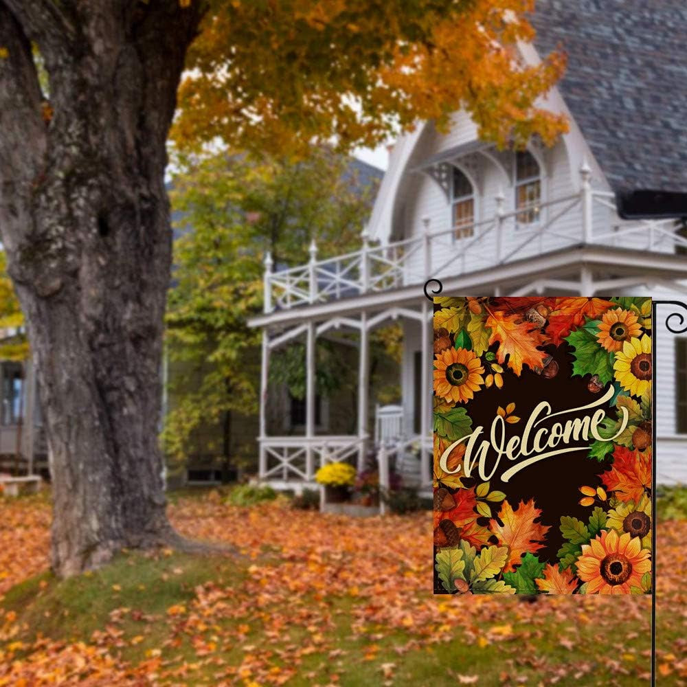 Welcome Fall Sunflower Maple Leaves Garden Flag, Autumn Home Decorative House Yard outside Small Flag Double Sided Acorns Seasonal Decor, Thanksgiving Farmhouse Outdoor Burlap Decorations 12X18