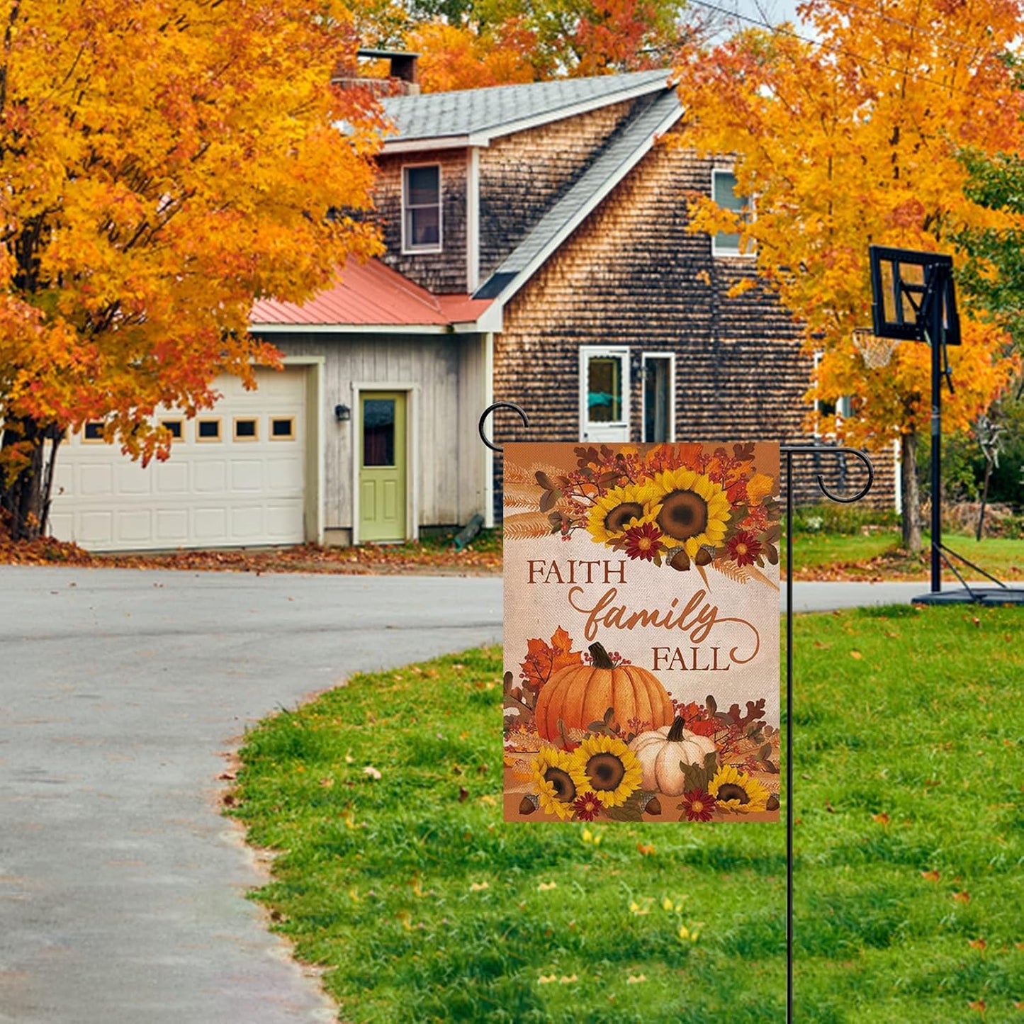 Faith Family Fall Decorative Small Garden Flag Autumn House Yard outside Pumpkin Sunflower Maple Leaves Farmhouse Burlap Decor, Thanksgiving Religious Home Outdoor Decoration Double Sided 12X18