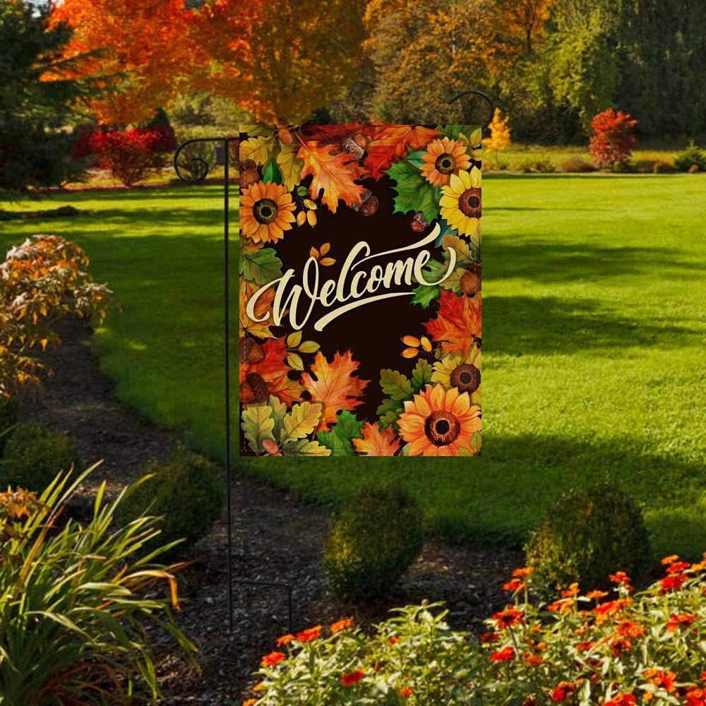Welcome Fall Sunflower Maple Leaves Garden Flag, Autumn Home Decorative House Yard outside Small Flag Double Sided Acorns Seasonal Decor, Thanksgiving Farmhouse Outdoor Burlap Decorations 12X18