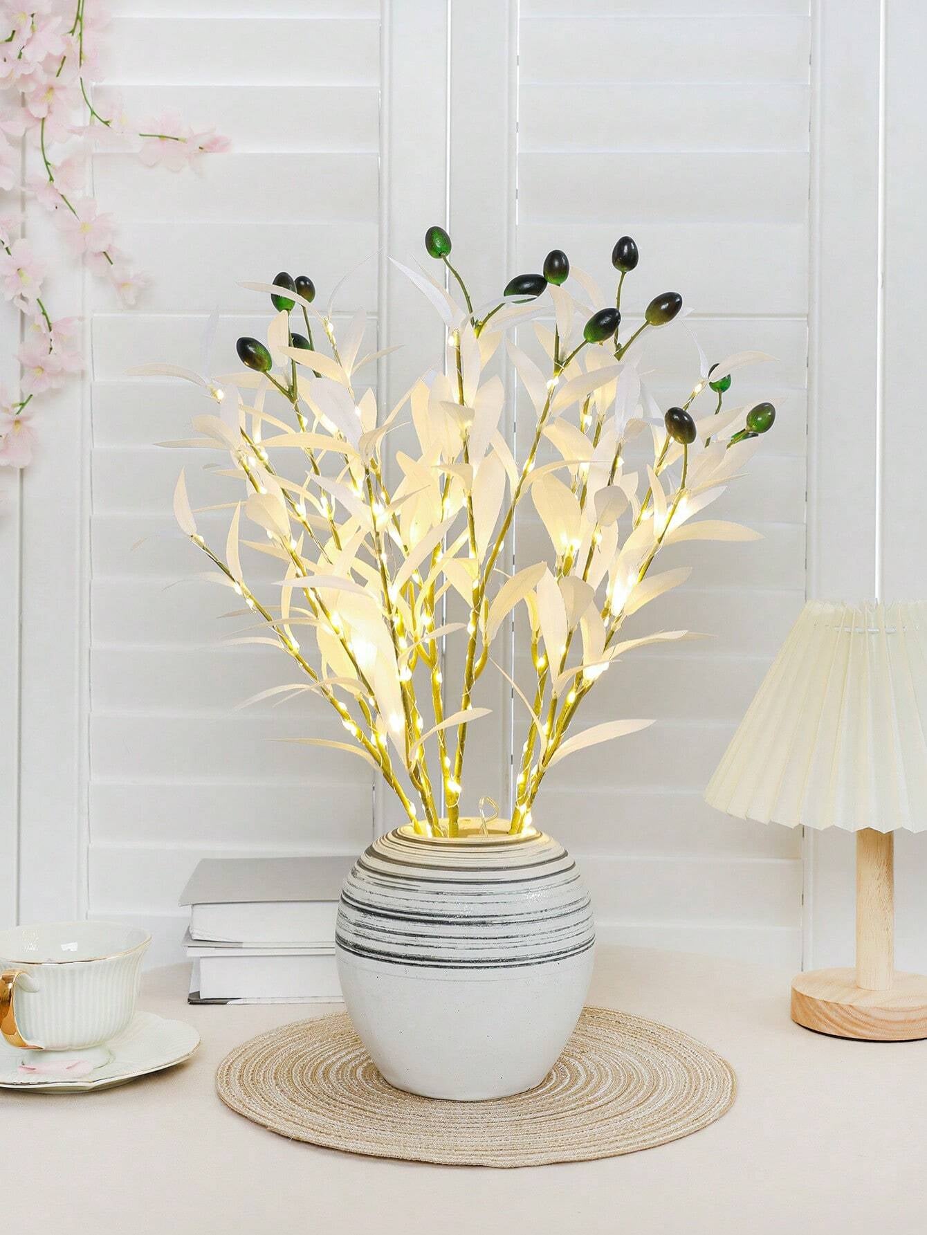 1Pc Simulation LED Lamp Olive Branch Home Interior Living Room Bedroom Porch Party Desktop Glow Warm Decoration Aesthetics, Valentine Day, Gift Gifts Birthday Graduation Home Decor Back to School Room Decor School Supplies,Fake Plants