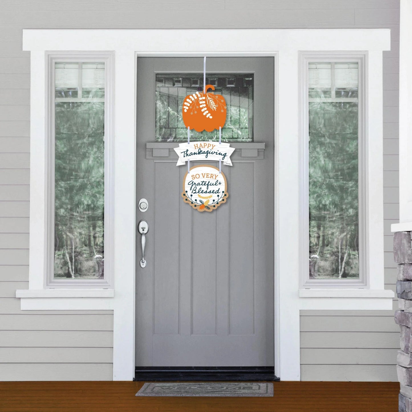 Happy Thanksgiving - Hanging Porch Fall Harvest Party Outdoor Decorations - Front Door Decor - 3 Piece Sign