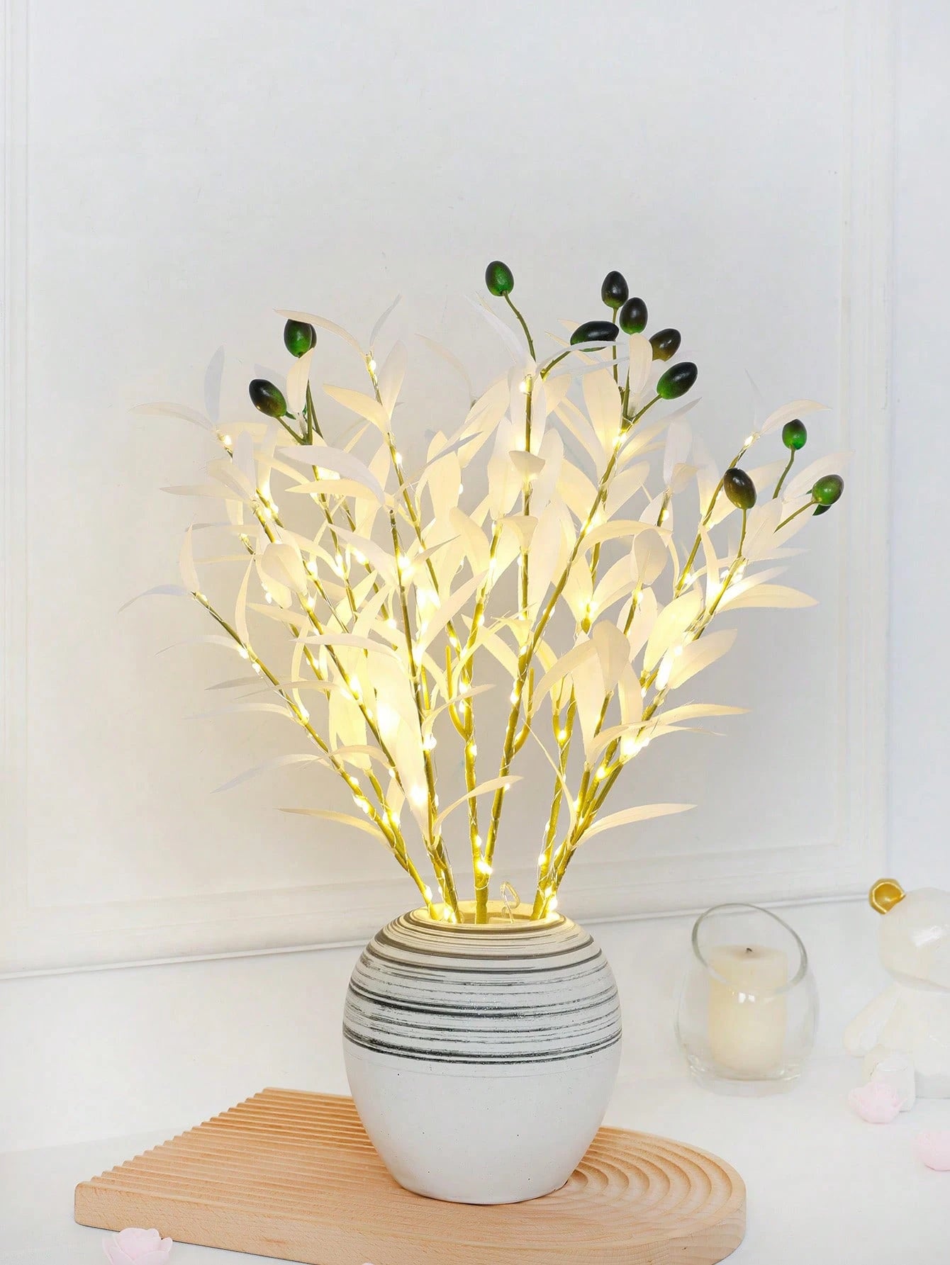 1Pc Simulation LED Lamp Olive Branch Home Interior Living Room Bedroom Porch Party Desktop Glow Warm Decoration Aesthetics, Valentine Day, Gift Gifts Birthday Graduation Home Decor Back to School Room Decor School Supplies,Fake Plants