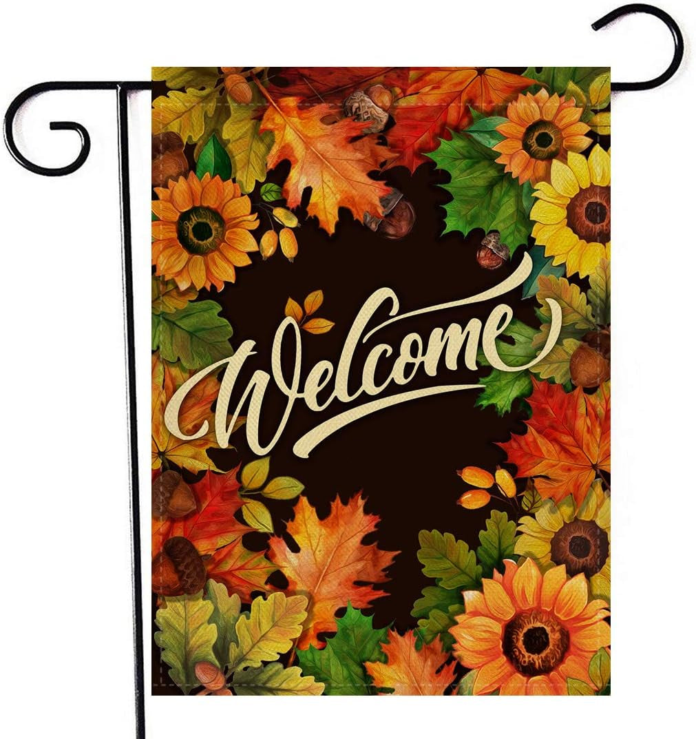 Welcome Fall Sunflower Maple Leaves Garden Flag, Autumn Home Decorative House Yard outside Small Flag Double Sided Acorns Seasonal Decor, Thanksgiving Farmhouse Outdoor Burlap Decorations 12X18