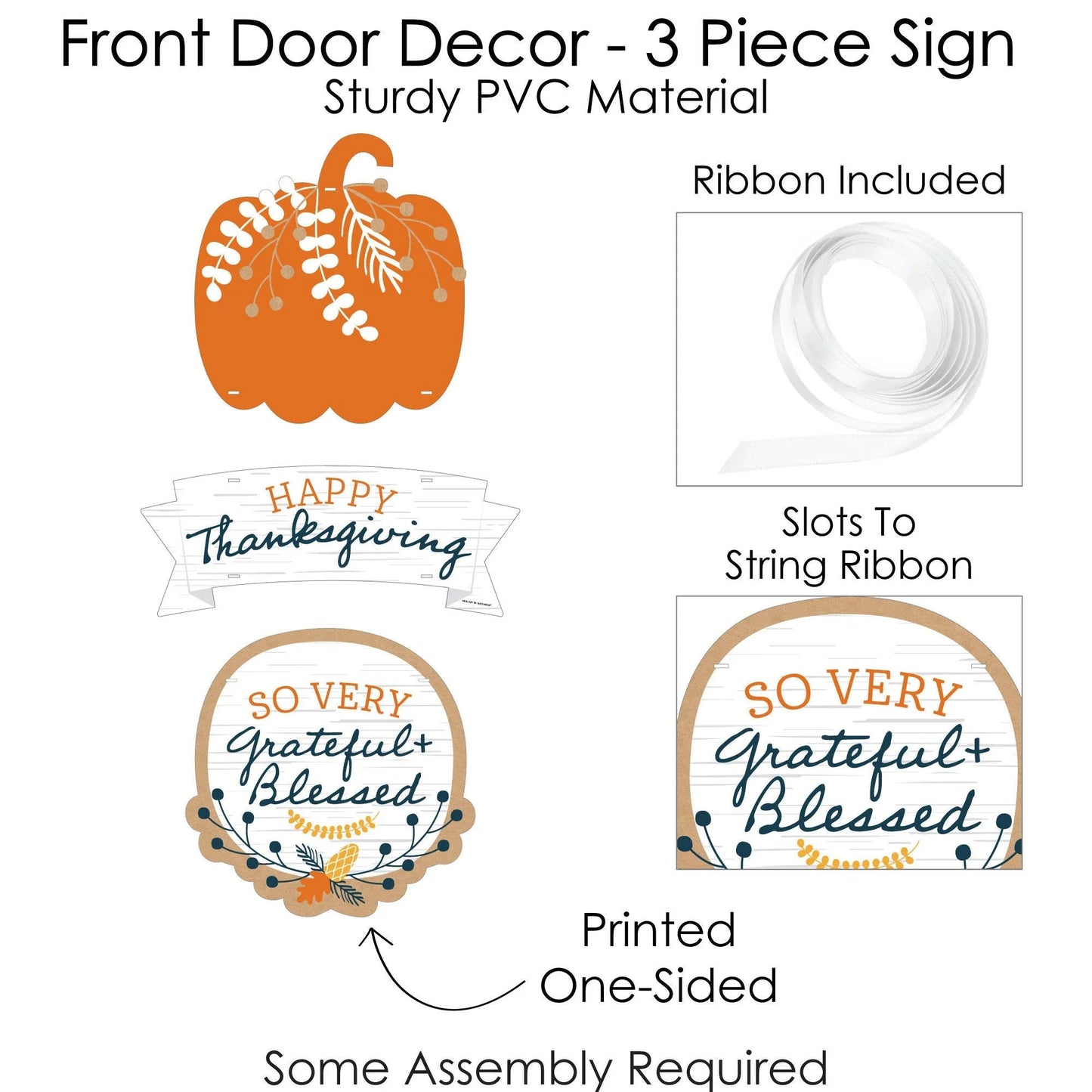 Happy Thanksgiving - Hanging Porch Fall Harvest Party Outdoor Decorations - Front Door Decor - 3 Piece Sign