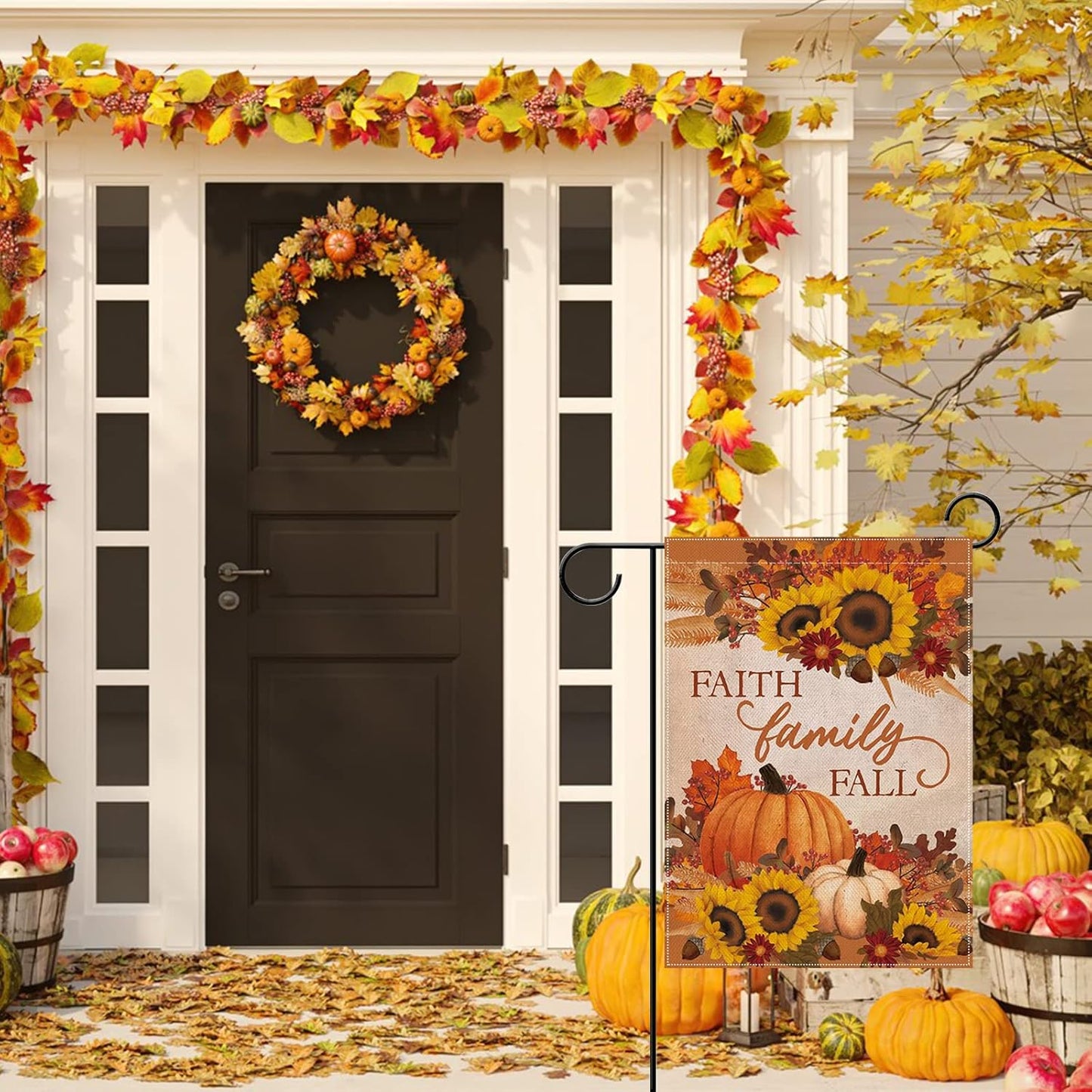 Faith Family Fall Decorative Small Garden Flag Autumn House Yard outside Pumpkin Sunflower Maple Leaves Farmhouse Burlap Decor, Thanksgiving Religious Home Outdoor Decoration Double Sided 12X18