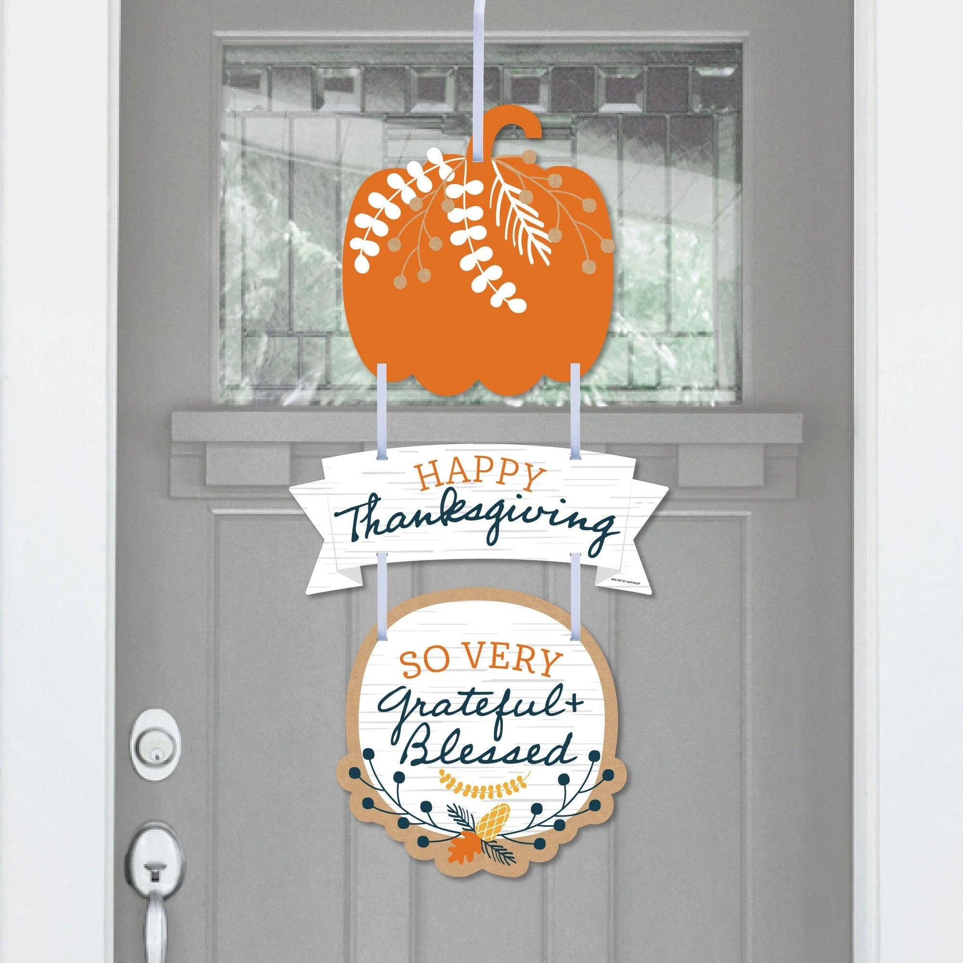 Happy Thanksgiving - Hanging Porch Fall Harvest Party Outdoor Decorations - Front Door Decor - 3 Piece Sign
