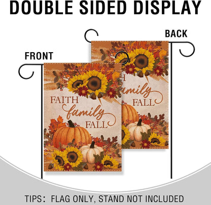 Faith Family Fall Decorative Small Garden Flag Autumn House Yard outside Pumpkin Sunflower Maple Leaves Farmhouse Burlap Decor, Thanksgiving Religious Home Outdoor Decoration Double Sided 12X18