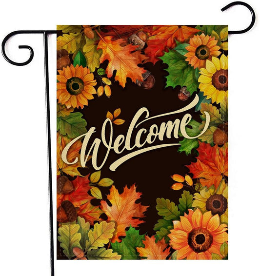 Welcome Fall Sunflower Maple Leaves Garden Flag, Autumn Home Decorative House Yard outside Small Flag Double Sided Acorns Seasonal Decor, Thanksgiving Farmhouse Outdoor Burlap Decorations 12X18
