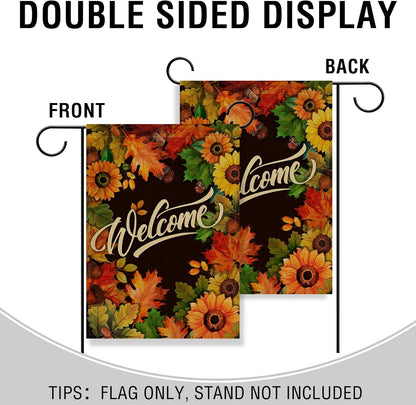 Welcome Fall Sunflower Maple Leaves Garden Flag, Autumn Home Decorative House Yard outside Small Flag Double Sided Acorns Seasonal Decor, Thanksgiving Farmhouse Outdoor Burlap Decorations 12X18