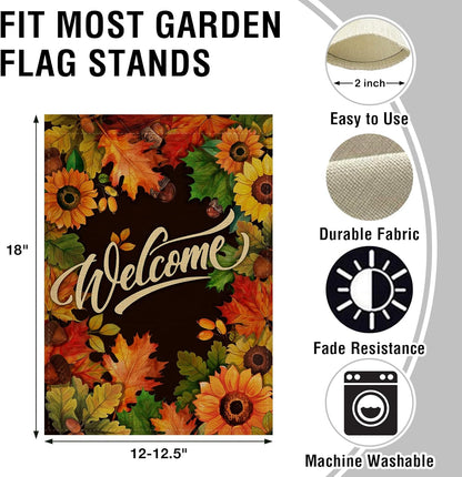 Welcome Fall Sunflower Maple Leaves Garden Flag, Autumn Home Decorative House Yard outside Small Flag Double Sided Acorns Seasonal Decor, Thanksgiving Farmhouse Outdoor Burlap Decorations 12X18