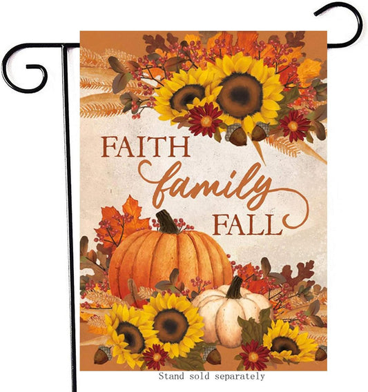 Faith Family Fall Decorative Small Garden Flag Autumn House Yard outside Pumpkin Sunflower Maple Leaves Farmhouse Burlap Decor, Thanksgiving Religious Home Outdoor Decoration Double Sided 12X18